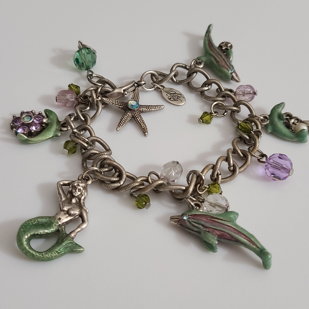 Kirks Folly Mermaid Dolphin Charm Bracelet Enamel Rhinestones Starfish Flower